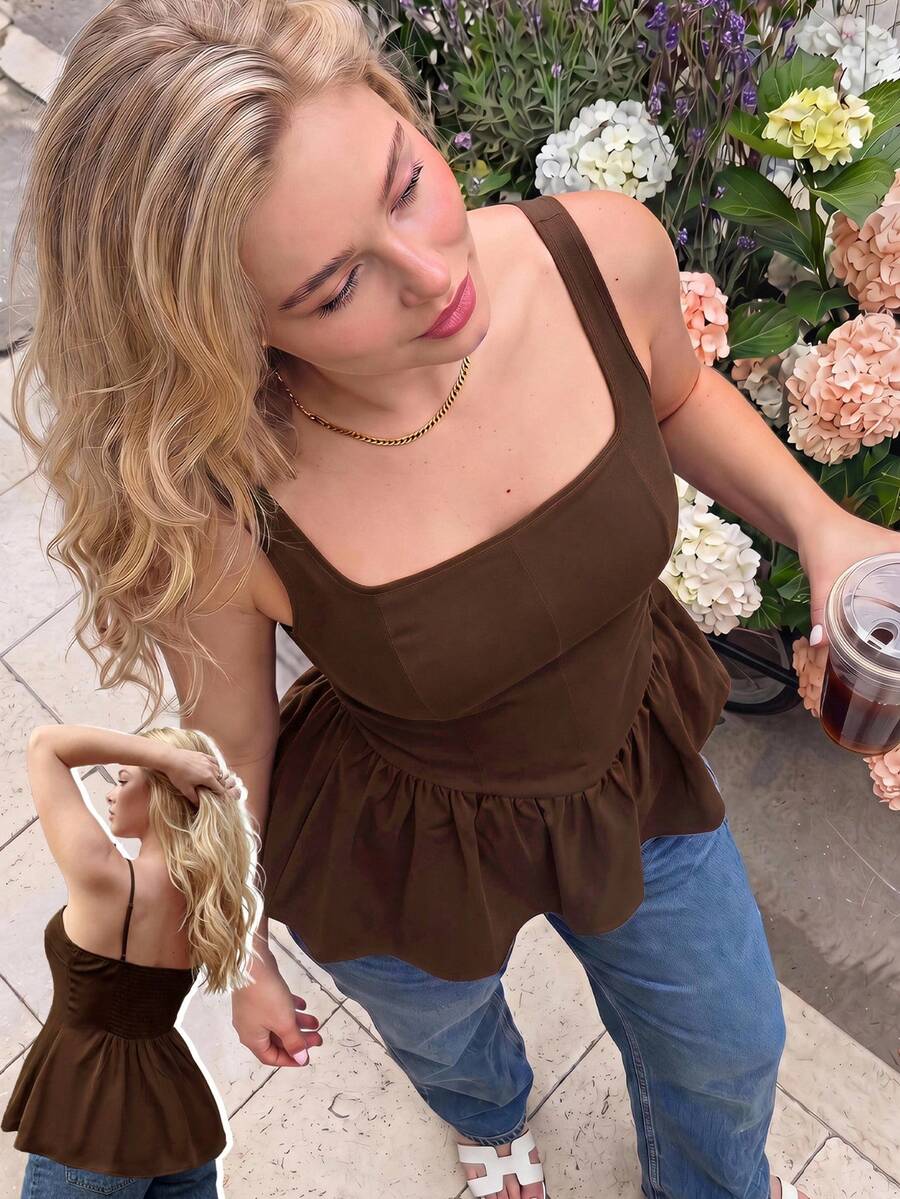 Dripcurv Top sexy de mujer talla grande, simple y versátil, de unicolor con bajo con volantes - Marrón - Ver 1