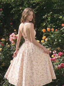 Vestido largo elegante de mujer con estampado floral y diseño de cordones en la espalda, vestido midi de verano con espalda descubierta, vestido midi floral ajustado con cordones en - Rosa - Ver 3