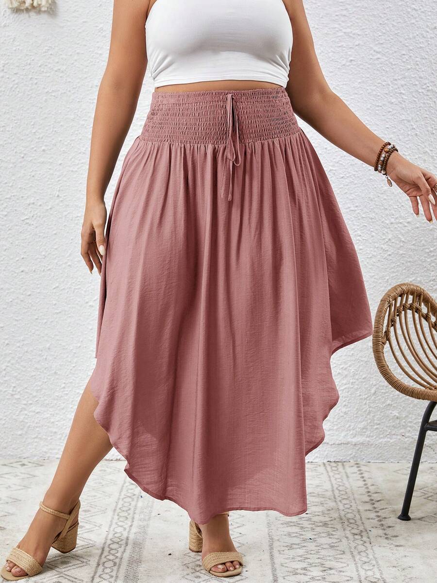 SHEIN VCAY Plus Solid Curved Hem Tie Front Summer Skirt - Dusty Pink - View 1