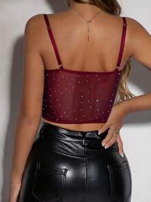 Allurite Women's Solid Color Rhinestone Decor Tulle Patchwork Camisole Tank Top - Burgundy - View 2