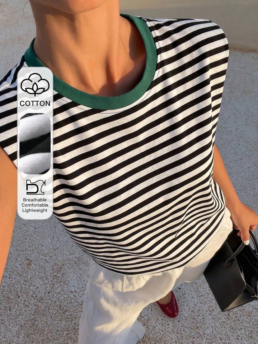 DAZY Women's Summer Casual Round Neck Contrast Color Striped Cap Sleeve T-Shirt - Black - View 1
