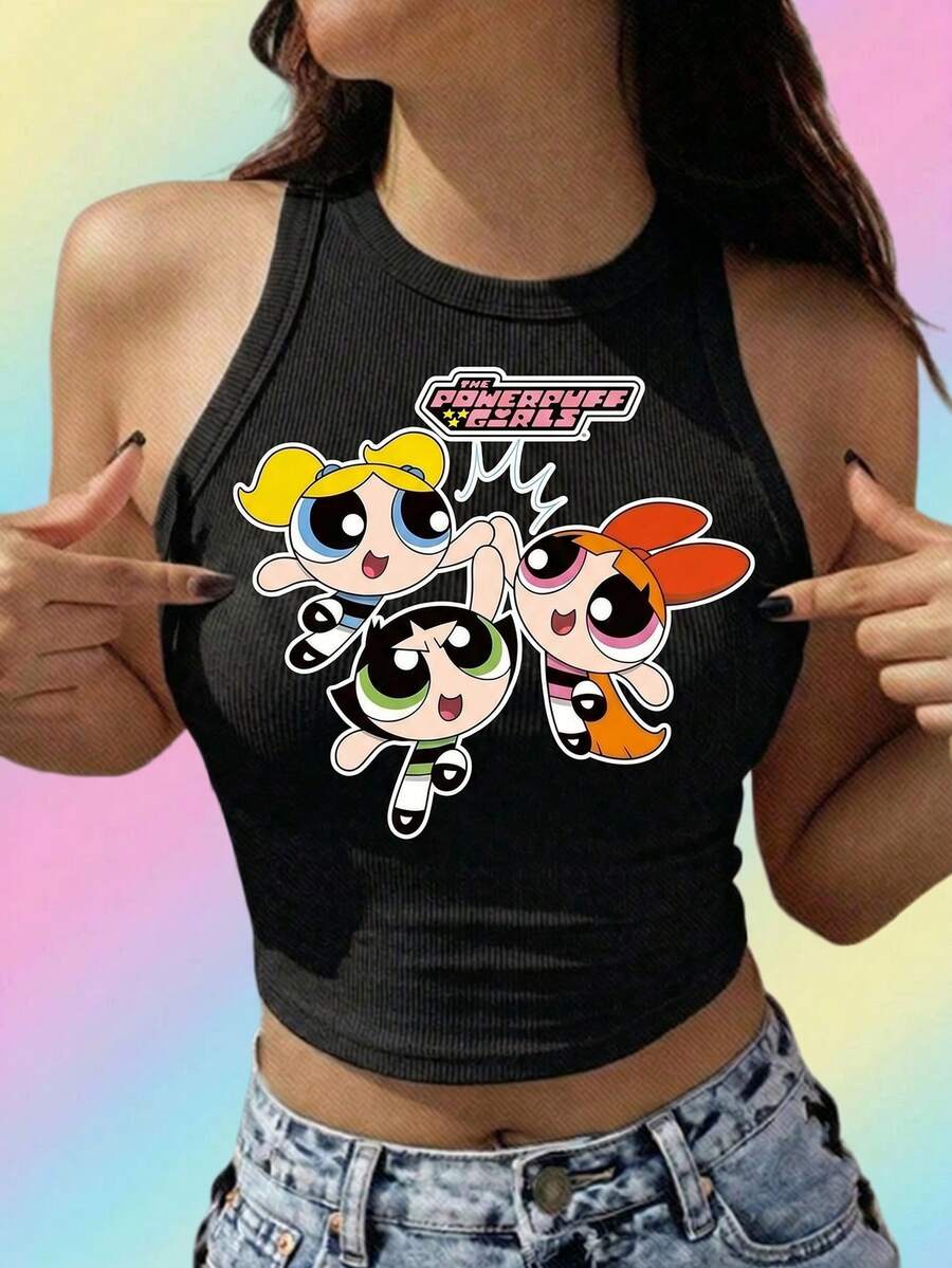 THE POWERPUFF GIRLS X SHEIN 女士休闲日常通勤可爱卡通字母印花修身短款背心,夏季 - 黑色 - 查看 1