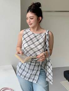 Dazy Plus 圓領蝴蝶結領結格紋韓風無袖休閒大尺碼女款春夏開衩下擺圖案T恤 - 灰色 - 查看 11