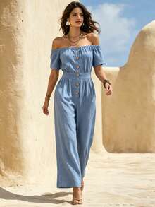 SHEIN LUNE Off-Shoulder Button Half-Open Front Casual Vacation Women's Jumpsuit - Blue - View 4