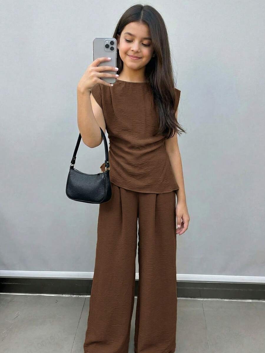 SHEIN Tween女孩純色百褶上衣與長褲休閒日常穿搭套裝 - 棕色 - 查看 1