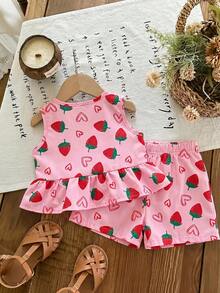SHEIN LMoss Kids 女嬰草莓印花蝴蝶結裝飾背心上衣與短褲休閒套裝 - 彩色 - 查看 2