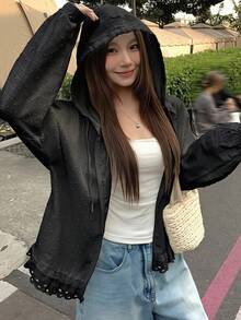 DAZY 女士连帽长袖宽松纹理面料蕾丝拼接休闲度假风常规外套 - 黑色 - 查看 4