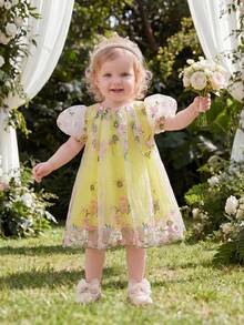 SHEIN Glamorique Kids Prinzessinnenkleid für Baby Mädchen, besticktes Tüllkleid, Geburtstagsfeier, Hochzeits- und Feiertagsrobe, Puffärmel, Partykleidung, Abschlussballkleider, Abschlusskleider, Sommerkleid - Gelb - Übersicht 2