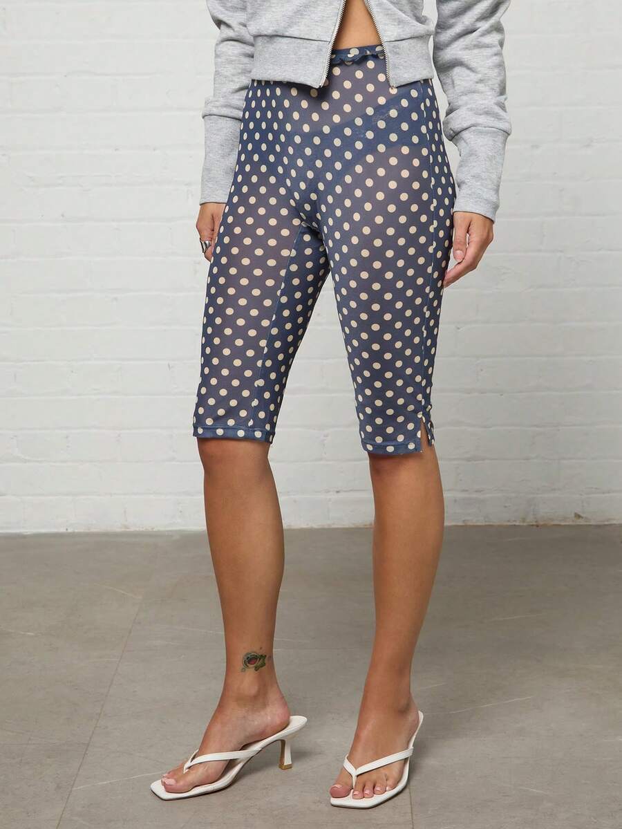 COUREZ Polka Dot Sheer 7/8 Pants/Y2K Summer Women's Casual Outfit Set Summer Bottoms Outdoor Wear Holiday Outfit Summer 7/8 Pants Ruffle Hem - Multicolor - View 1