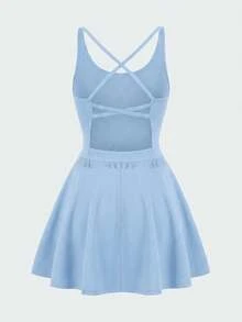 SHEIN Girlism 少女休闲运动瑜伽网球纯色交叉露背连衣裙配短裤，防摩擦口袋设计，黑色 - 藍色 - 查看 2