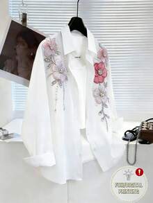 Resyla 大尺碼女款復古單排釦寬領長袖碎花襯衫，優雅白色休閒上衣，適合度假與日常穿著，寬鬆大尺碼長袖鈕扣休閒外套 - 彩色 - 查看 1