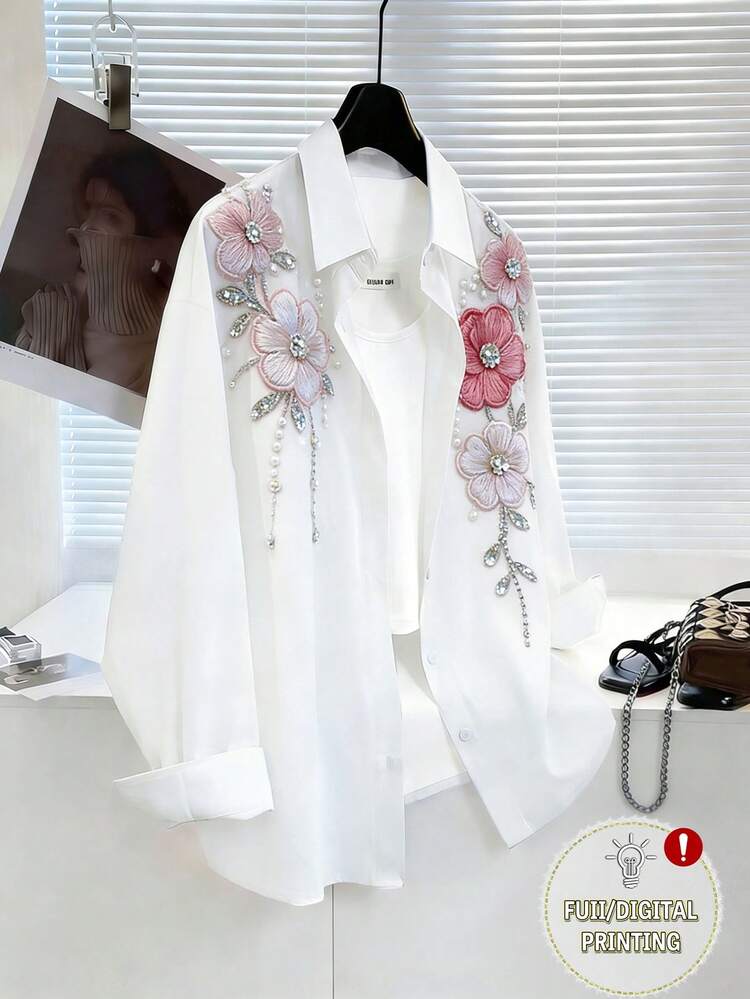 Resyla Plus Size Women's Vintage Single-Breasted Loose Collar Long Sleeve Floral Blouse, Elegant White Casual Shirt For Vacation And Daily Wear, Loose Plus Size Long Sleeve Button-Up Casual Outerwear - Multicolor - View 1