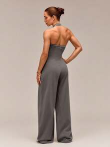 GLOWMODE 31" FeatherFit™-Air UPF50+ Chase Your Glow Wide-Leg Contrast Trim V-Neck Adjustable Halter Jumpsuit With Removable Cups Daily Casual Summer Wear - Dark Grey - View 7