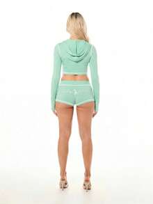 BABYPHAT Setelan Dua Potong Hoodie Crop Berlogo dengan Resleting dan Celana Pendek untuk Musim Panas dan Festival Kasual. - Mint Green - View 6