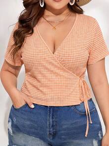 SHEIN VCAY Plus Size Women's Plaid Side Knot Short Sleeve Casual T-Shirt - Orange - View 3