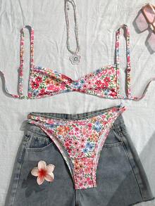 Swim Mod 女款夏季度假性感貼身印花隨機優雅沙灘兩件式泳衣 - 彩色 - 查看 3