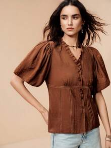Arave Women Blouse Slim Waist Puff Sleeve Textured Ruffle V Neck Button Vertical Pleated Hollow Lace Vintage Elegant Shades Of Brown Teachers' Day Brunch - Coffee Brown - View 7