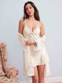 Elorette 女士撞色蕾丝长袖系带睡袍吊带睡裙，优雅睡衣套装，秋冬服装 - 米色 - 查看 5