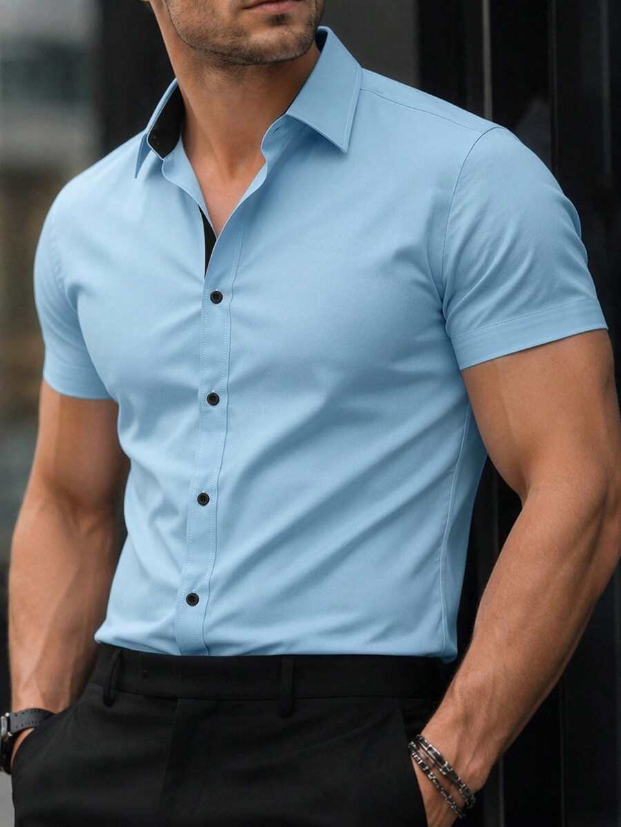 Manfinity Mode Men's Short Sleeve Single-Breasted Casual Commuter Shirt, Formal - Baby Blue - View 1