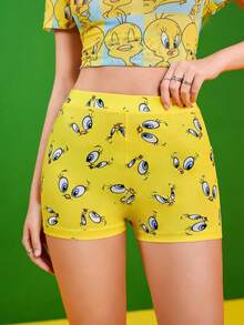 LOONEY TUNES X SHEIN 女款黃色單車短褲、鵝黃色短褲、緊身褲、七分褲、卡通圖案、動物圖案、表情符號圖案、漫畫格紋、圖形、可愛、返校服飾、百搭、休閒、日常、夏秋適用 - 黃色 - 查看 2