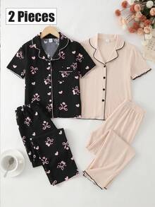 Set pigiama da casa da 2 pezzi per ragazze, elegante classico alla moda minimalista, dolce e carino, casual primavera/estate, colore albicocca chiaro/kaki, in morbido tessuto lavorato a maglia delicato sulla pelle, con top a maniche corte con colletto e pantaloni lunghi - Cachi - Visualizzare 5