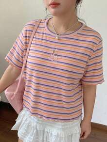 Dazy Plus Plus Size Cherry Embroidery Striped Crew Neck Fitted Summer T-Shirt Graphic Tee - Pink - View 7
