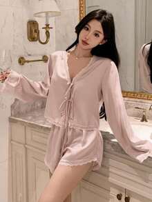 DAZY Romantic Lace Patchwork Satin Lace-Up Top & Ultra Short Pajama Pants 2pcs Set Women's Sleepwear - Baby Pink - View 4