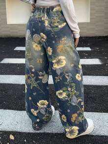 Dazy Plus Floral Print Straight Leg Long Plus Size Women Jeans - Dusty Blue - View 5
