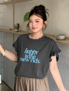 Dazy Plus 女款字母印花寬鬆圓領荷葉袖口休閒大尺碼T恤，灰色夏季圖案短袖上衣 - 深灰色 - 查看 6