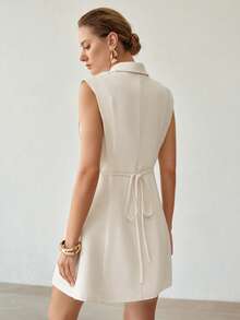 MOTF PREMIUM WOMEN'S SOLID COLOR BUCKLE DECOR SLEEVELESS COMMUTER WHITE SHORT DRESS - Apricot - View 3
