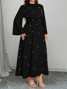 Elenzga Women's Plus Size High Waist Long Sleeve Dress - Black - View 3