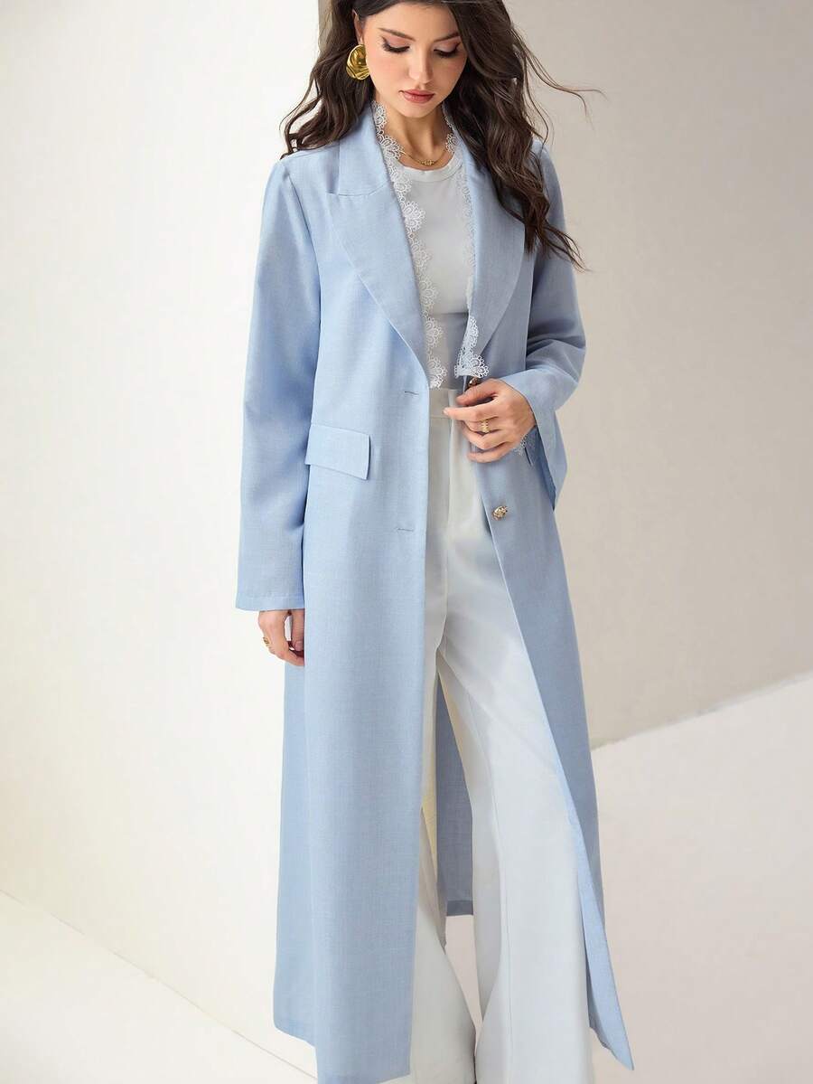Veilorie Women's Shawl Collar Pocket Long Sleeve Solid Color Arabic Abaya - Blue - View 1