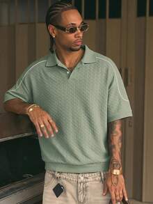 SIGLOCORE Men's Loose Comfortable Casual Vacation Fashion Textured Handsome Versatile Grey Green POLO Shirt - Green - View 6