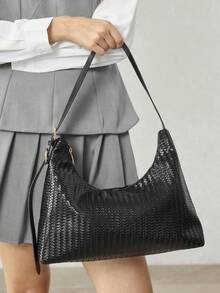 MOTF LADIES SHOULDER BAG, EXQUISITE RETRO WOVEN EMBOSSED PU SHOULDER BAG. - Black - View 8