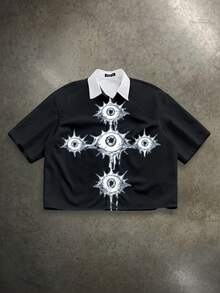 Manfinity ZONE917 Kemeja Lengan Pendek Longgar Bermotif Mata Gelap Gaya Boxy Street, Cocok untuk Musim Semi dan Musim Panas - Hitam - View 1
