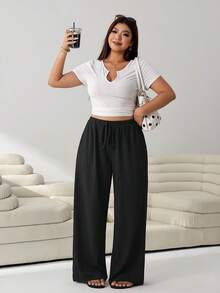 Solflare White Black Multicolor Plus Size Women's Straight Leg Pants 2pcs Set - Multicolor - View 4