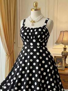 Rometta Plus Size Summer Casual Polka Dot Printed Sleeveless Dress - Black - View 3