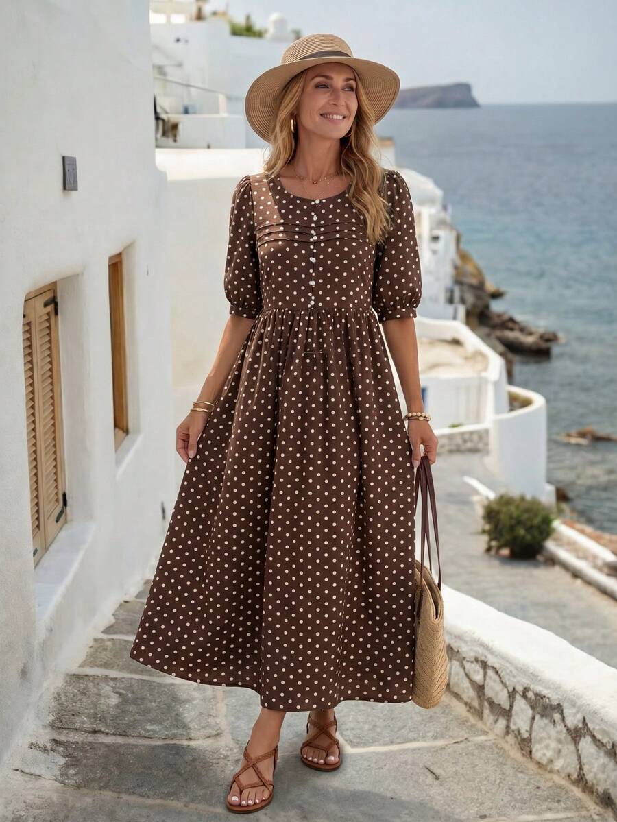 EMERY ROSE Women's Round Neck Mid-Sleeve Brown And White Polka Dot Long Dress Vacation Summer Boho - Multicolor - View 1
