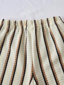 Playful Pals 2pcs/Set Boys Casual Fashion Comfortable Pattern Print Crew Neck Drop Shoulder Top And Striped Print Shorts, Suitable For Spring/Summer, Outdoor Play, Daily Versatile, Pattern Print, Island Style, Beach Weekend, Summer Outfit, Elegant Attire, Suitable For Outings, Vacations, Travel, Photos - Khaki - View 7
