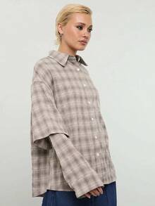 COUREZ 長袖寬鬆格紋雙層襯衫 Y2K 秋季女款灰色格紋休閒穿搭服飾 日常外穿夜生活造型 - 灰色 - 查看 7