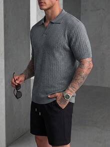 Manfinity CasualCool 男士V领罗纹针织Polo衫，简约通勤短袖毛衣 - 灰色 - 查看 5