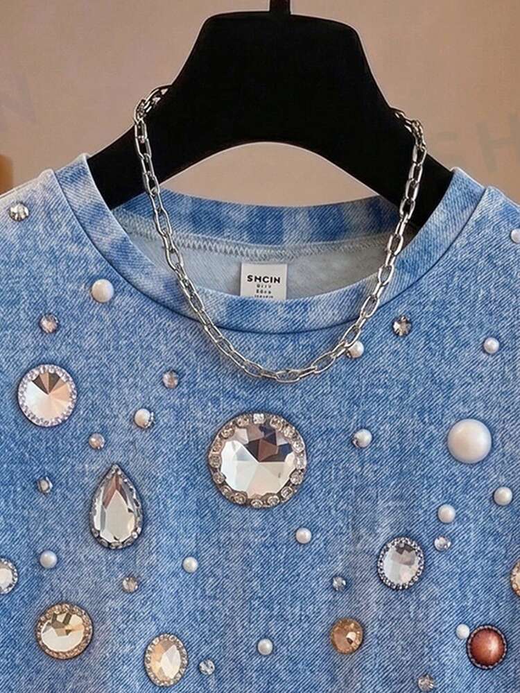 Tween Girls Retro Rhinestone Pattern Print Loose Crew Neck Short Sleeve T-Shirt, Suitable For Spring/Summer Daily, Outdoor Activities, Summer Top, Retro Street Style Casual T-Shirt For Shopping, Campus, Party, Daily Outfit Essential Top - Multicolor - View 3