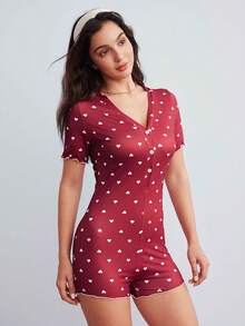 Elorette Heart Print Lettuce Trim Romper - Red - View 7