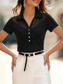 Editum 女款素色針織彈性網格拼接 Polo V領鈕扣裝飾修身短袖T恤，休閒T恤日常上衣通勤上衣 - 黑色 - 查看 4