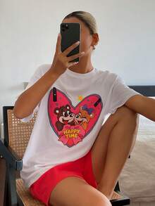 DAZY 女款可愛卡通愛心印花圓領短袖上衣與純色休閒短褲睡衣套裝 夏季 - 白色 - 查看 1