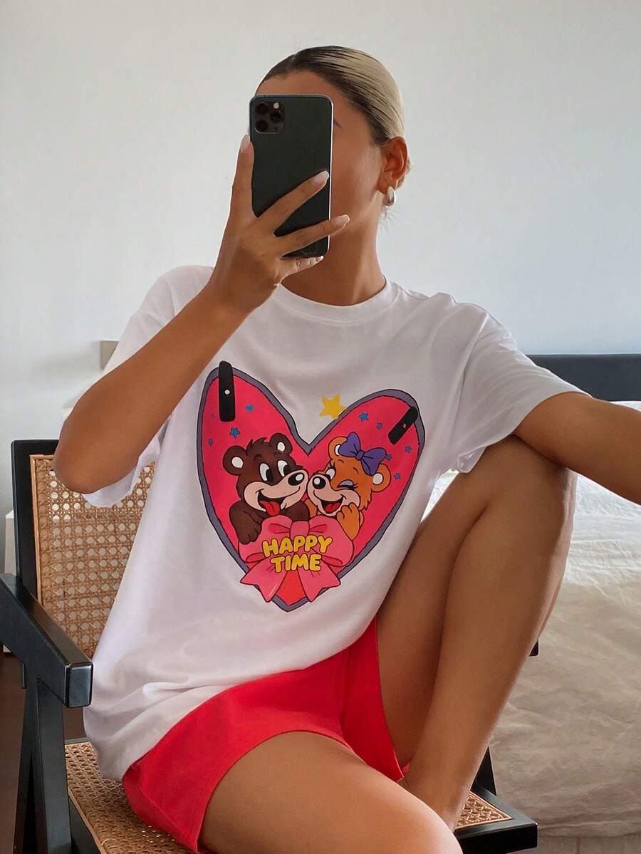 DAZY 女款可愛卡通愛心印花圓領短袖上衣與純色休閒短褲睡衣套裝 夏季 - 白色 - 查看 1