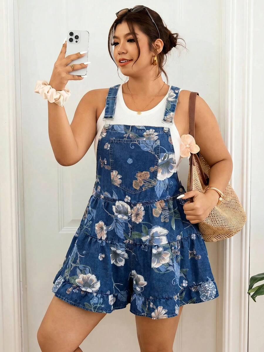 Lounesse 大尺碼女款花卉印花口袋牛仔連身褲
