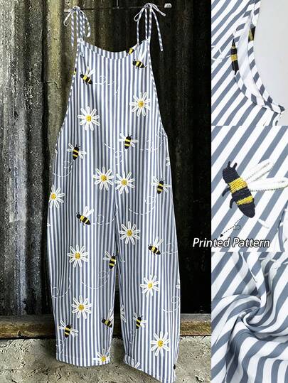 SHEIN Women's Plus Size Versatile Striped & Bee Print Jumpsuit