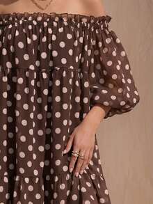 SHEIN LUNE Polka Dot Off-Shoulder Elastic Ruched Ruffle Puff Sleeve Fashion Versatile Women's Short Dress - Multicolor - View 4