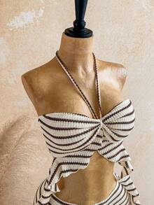 Soleia New Vacation Blue & White Striped Camisole Top And Mini Skirt Set, Summer, Spring, Vacation, Beach, Outing, Striped Two Pieces Set, Women's Vacation Two Pieces Set, Summer Two Pieces Set, Red & White Swimsuit, Swimwear Two Pieces Set, Party Outfit, Ruffle - Coffee Brown - View 4